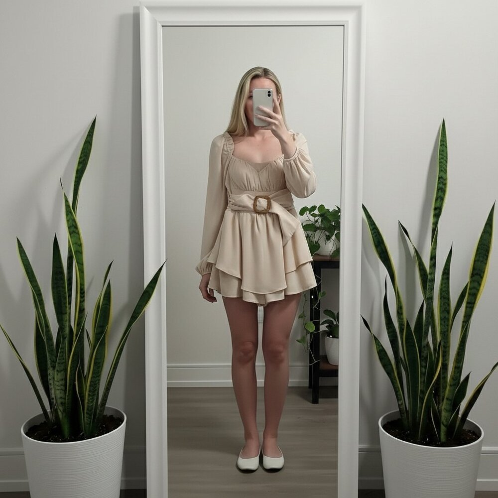 Privy Cream Smocked Ruffle Tiered Puff Sleeve Boho Belted Summer Romper Size M